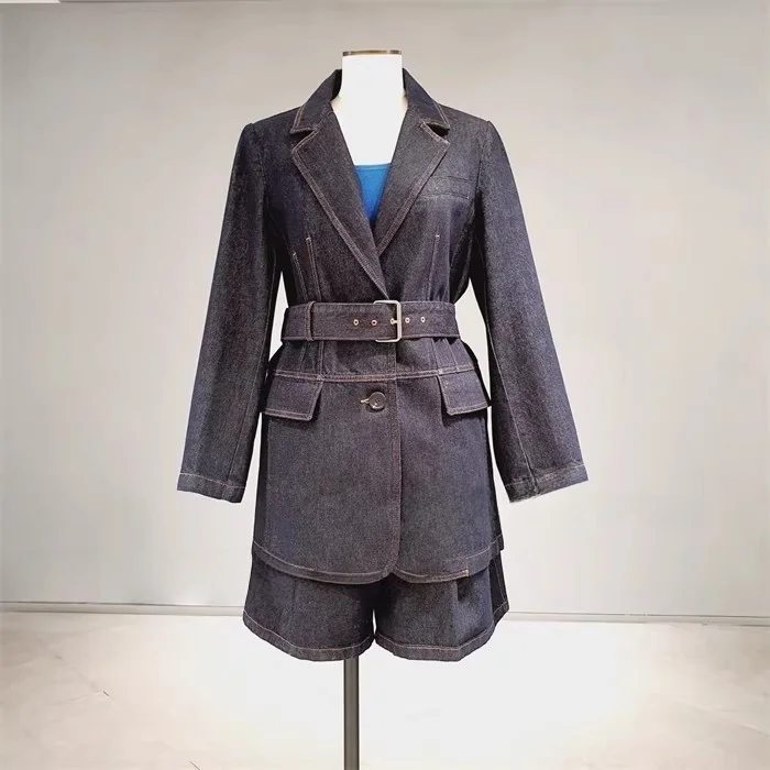 

Korean Style Denim Suit Top And Shorts Commute Elegant Versatile Suit Top Shorts Button Pocket Long Sleeve Mid-Length Coat