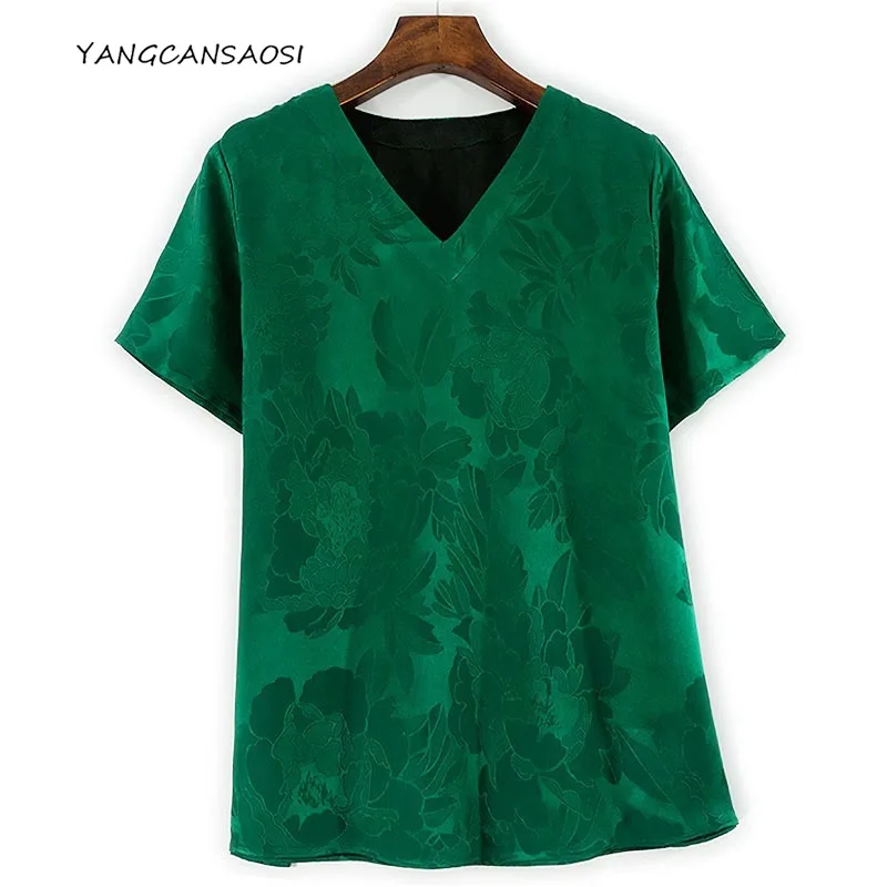 

Women's Clothing 100% Natural Mulberry Silk Gambiered Guangdong Gauze Jacquard Satin Emerald Green V-neck Short Sleeved T-shirt