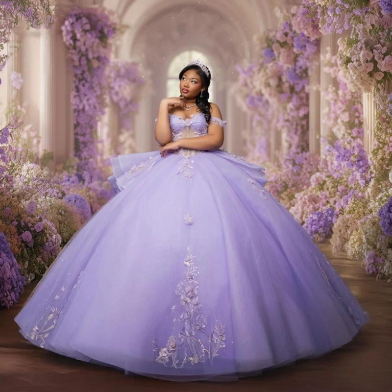

Лавандовое блестящее платье принцессы для Sweet 16/Quinceañera с аппликациями, цветами, бисером, кристаллами и тюлем для вечеринки/дня рождения (Vestidos 15 De)