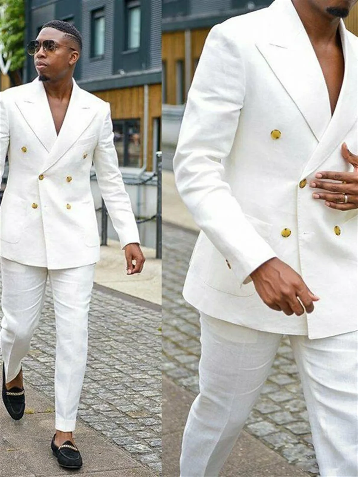 

2 Pieces Handsome Men's Formal White Suits Groom Wear Double Breasted Party Wedding Peaked Lapel Tuxedos(Jacket+Pants)