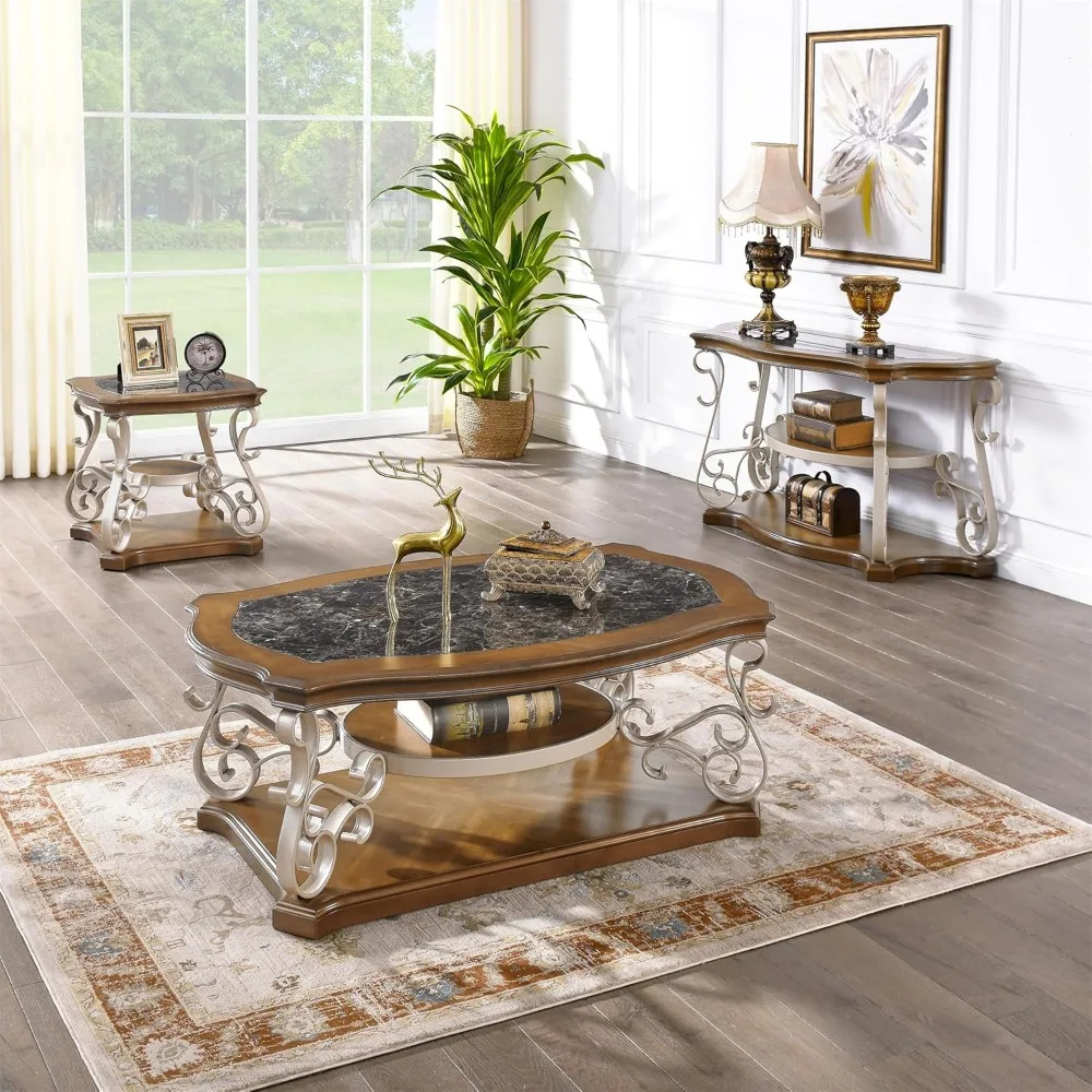 Large 26.2 Two-Tier Square Marble Top Coffee Table with Birch Shelf and Metal Legs for Bedroom Storage.