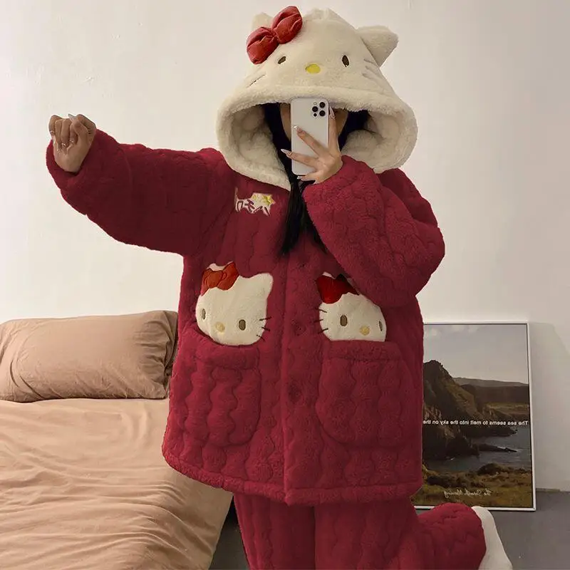 

Sanrio Coral Velvet Pajamas Kuromi Flannel Home Clothing Autumn and Winter Add Velvet Thickened Internet Celebrity Fashion Set
