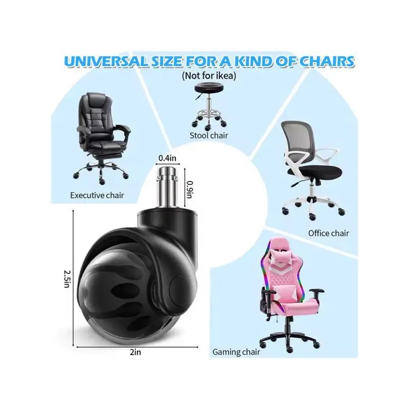 5pcs 2-Inch Casters PU Swivel Wheels with 11x22mm Snap Rings & Bearings, Transparent Office Chair Rollers, Quiet Smooth