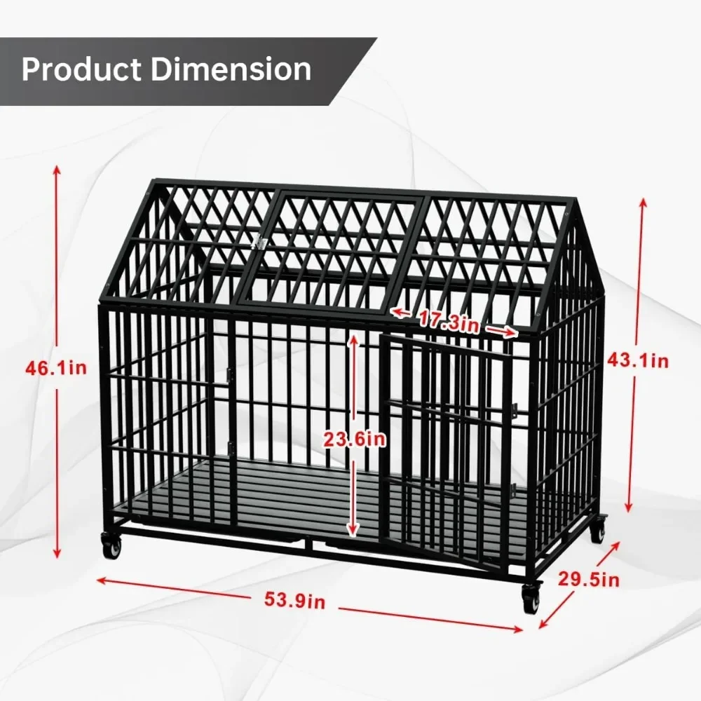 54/48 Inch Dog Crate Large Dogs Cage Strong Metal Dogs Kennels and Crates for Large Dogs Top Open with Wheels 2 Removable Trays