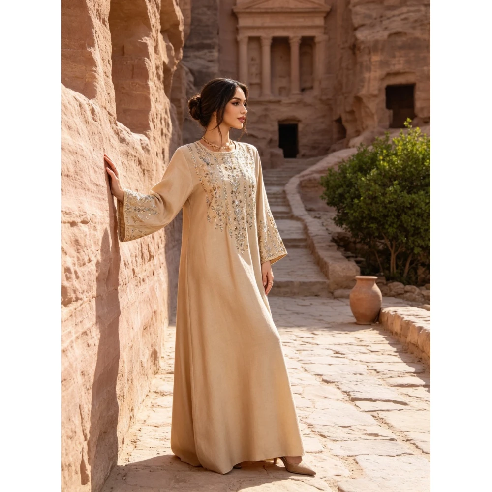 Customized Beige Long Dress with Bell Shaped Sleeves and Round Neck 2026 Loose A-line Muslim Evening Gown Suitable for Parties