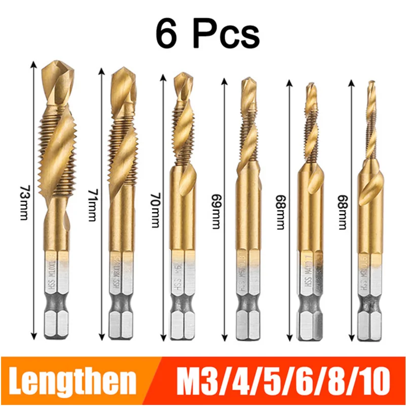 

6pcs M3-M10 Hex Shank Titanium Plated HSS Screw Thread Metric Tap Drill Bits Screw Machine Compound Tap Hand Tools