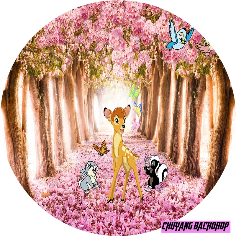 Disney Bambi Deer Rabbit Pink Butterfly Round Circle Backdrops Photography Baby Shower Girls Birthday Party Backgrounds Banner