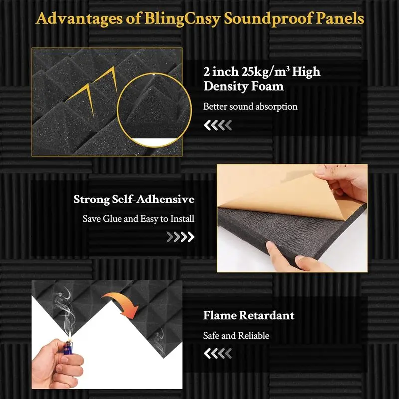 A89E-6 PCS Self Adhesive Soundproof Wall Panels 2X12x12inch Sound Proof Foam Panels Black For Wall,For Home,Recording Studio,Off