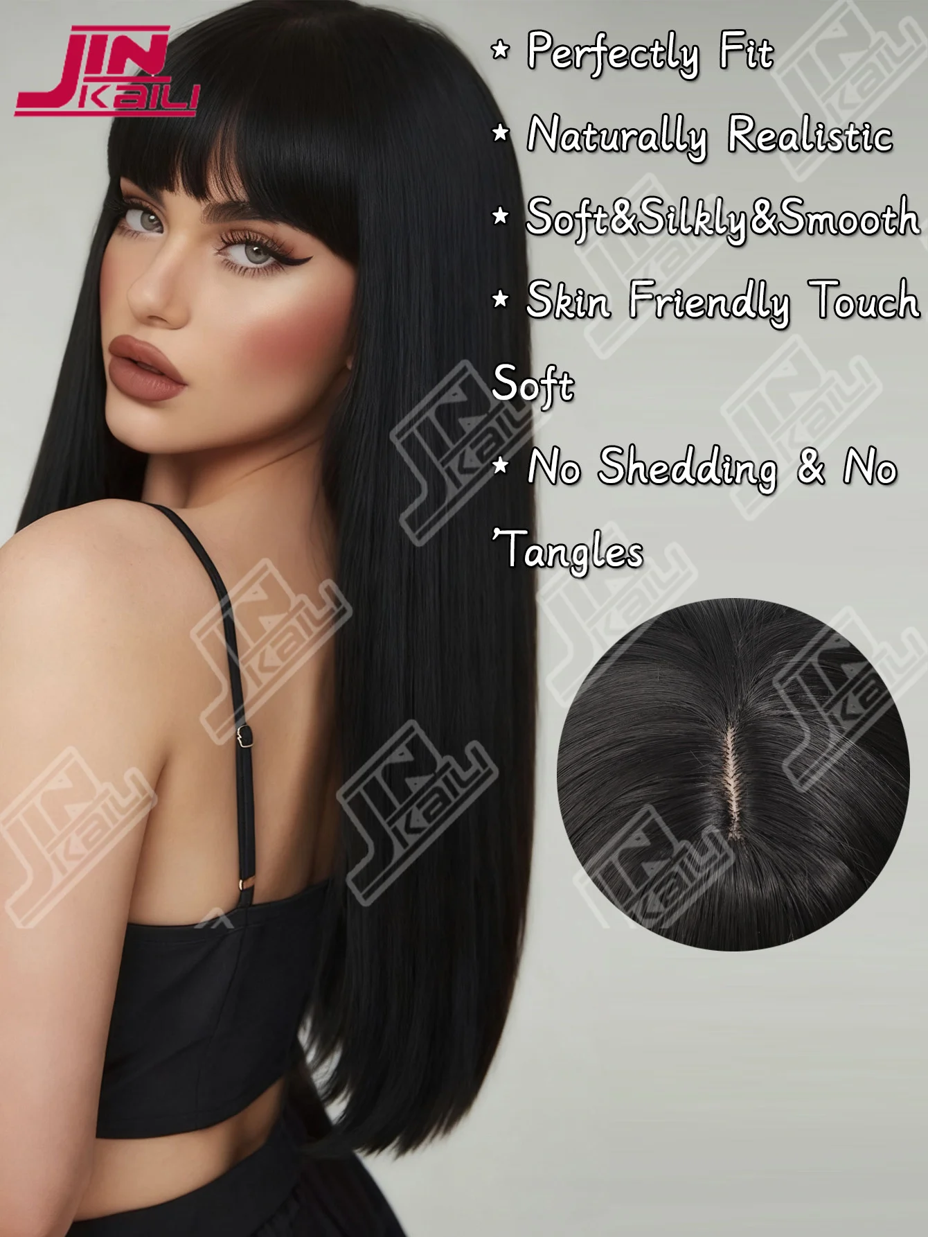 JKL Synthetic 60CM Korean Black Long Straight Hair Synthetic Wig Synthetic Natural Long Straight Hair With Bangs Wig