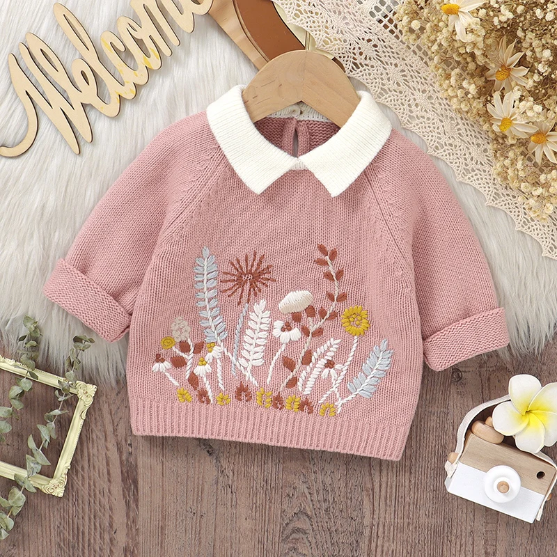 Winter Baby Girls Sweaters Autumn Fashion Floral Embroideried Newborn Infant Full Sleeved Turtle Neck Pullovers Jumpers Knitting