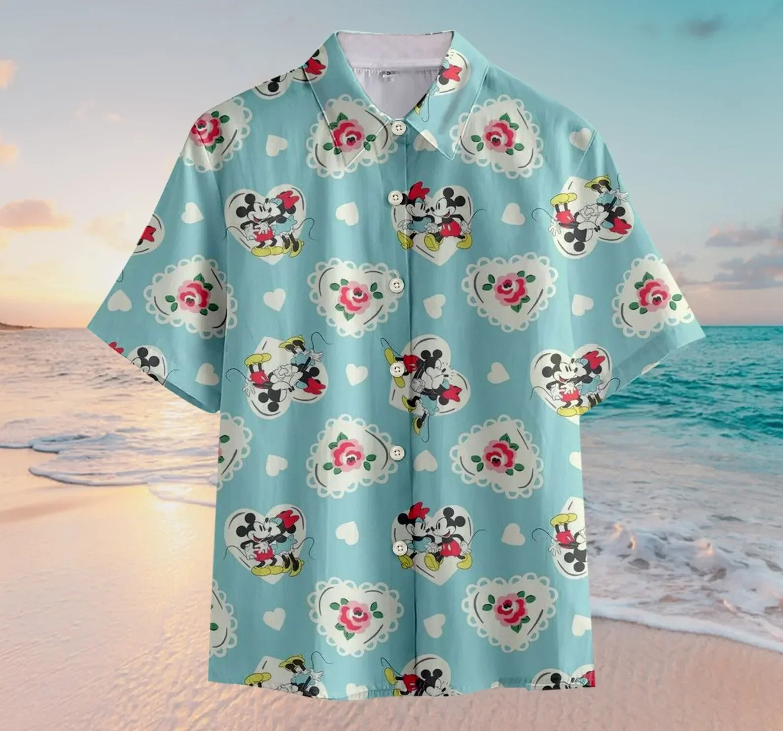 Disneyland Collection Hawaiiaans shirt met Mickey Minnie-print voor heren Mode Strand Comfort ademend shirt met korte mouwen en knopen