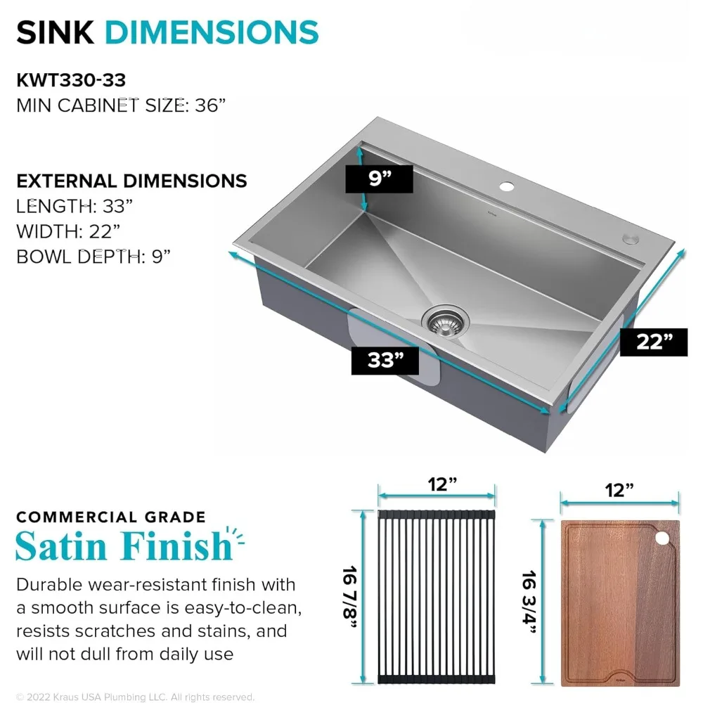 33-in Kitchen Sink with Accessories Workstation, Drop-In 16 Gauge Stainless Steel Single Bowl Kitchen Sink