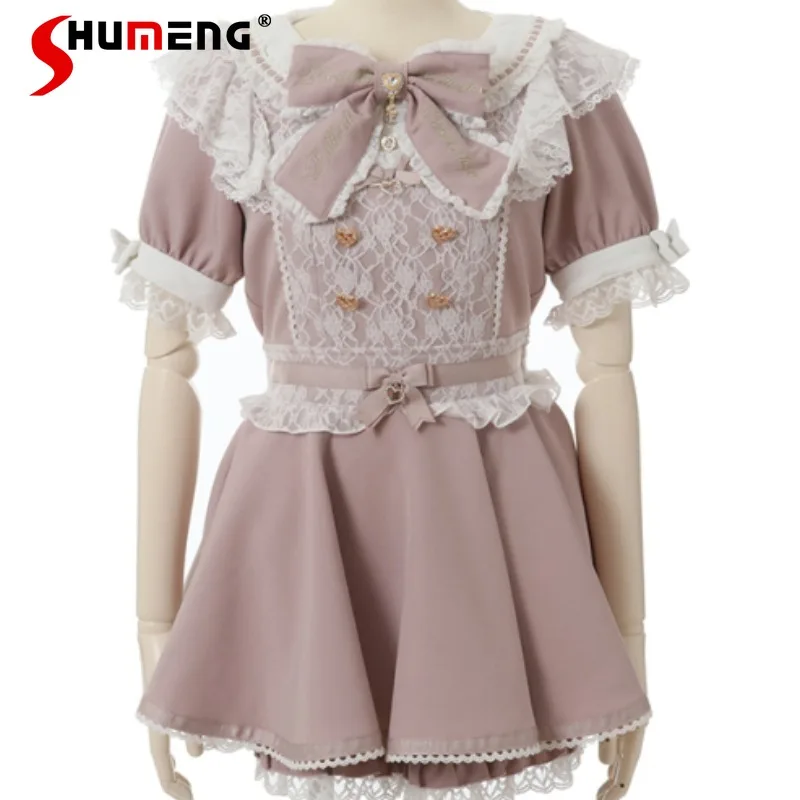 

Japanese Rojita Sweet Mass-Produced Outfits Big Bow Lace Stitching Short Sleeves Slim Fit Dress Shorts Suit Two Pieces Set Women