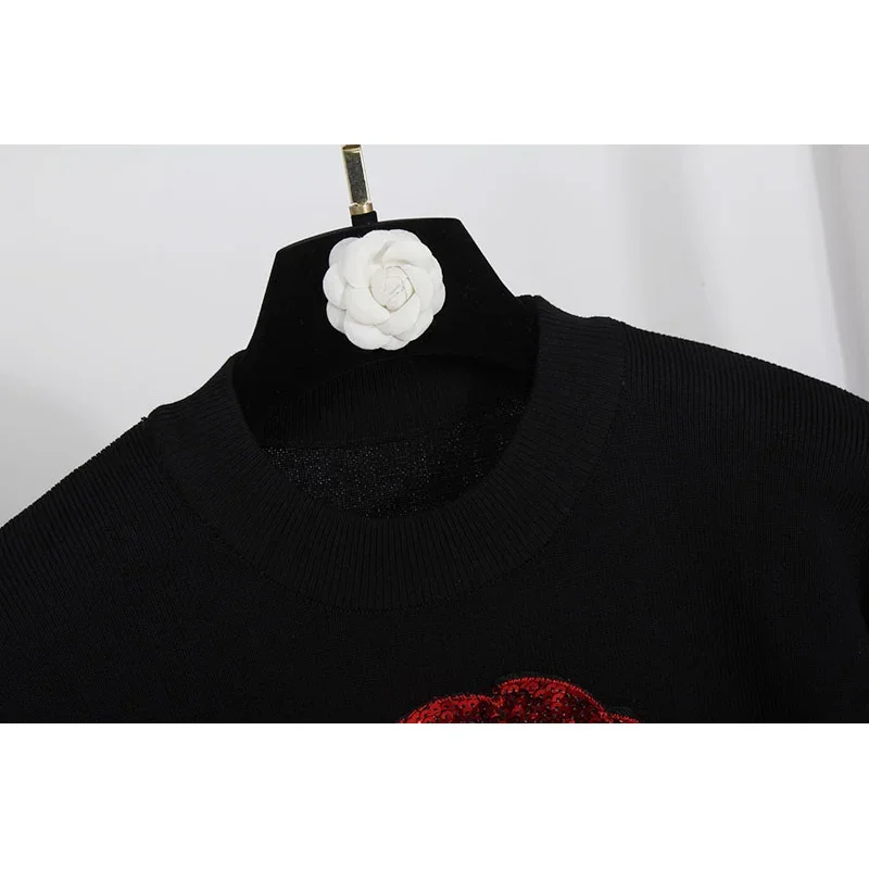 Korean Fashion Rose Sequins Embroidery Knitted Tracksuit Women Outfits Black Loose Knit Pullover Sweater Long Pants Set Female