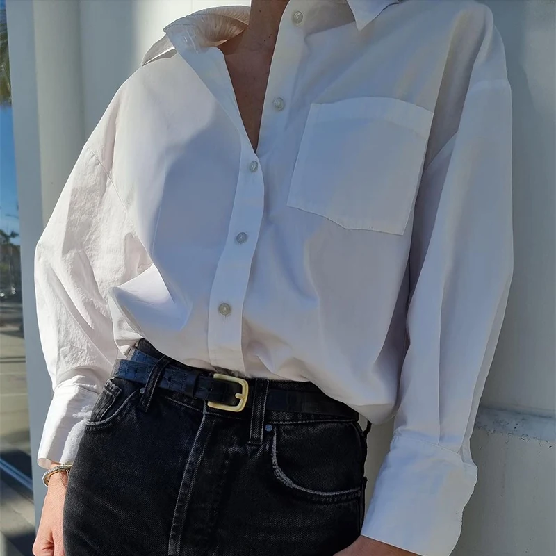 

Artistic Loose Faionable White irt oulder Drapey Sle Two Colors Cotton Long Sve Collar Women's Breathable irt