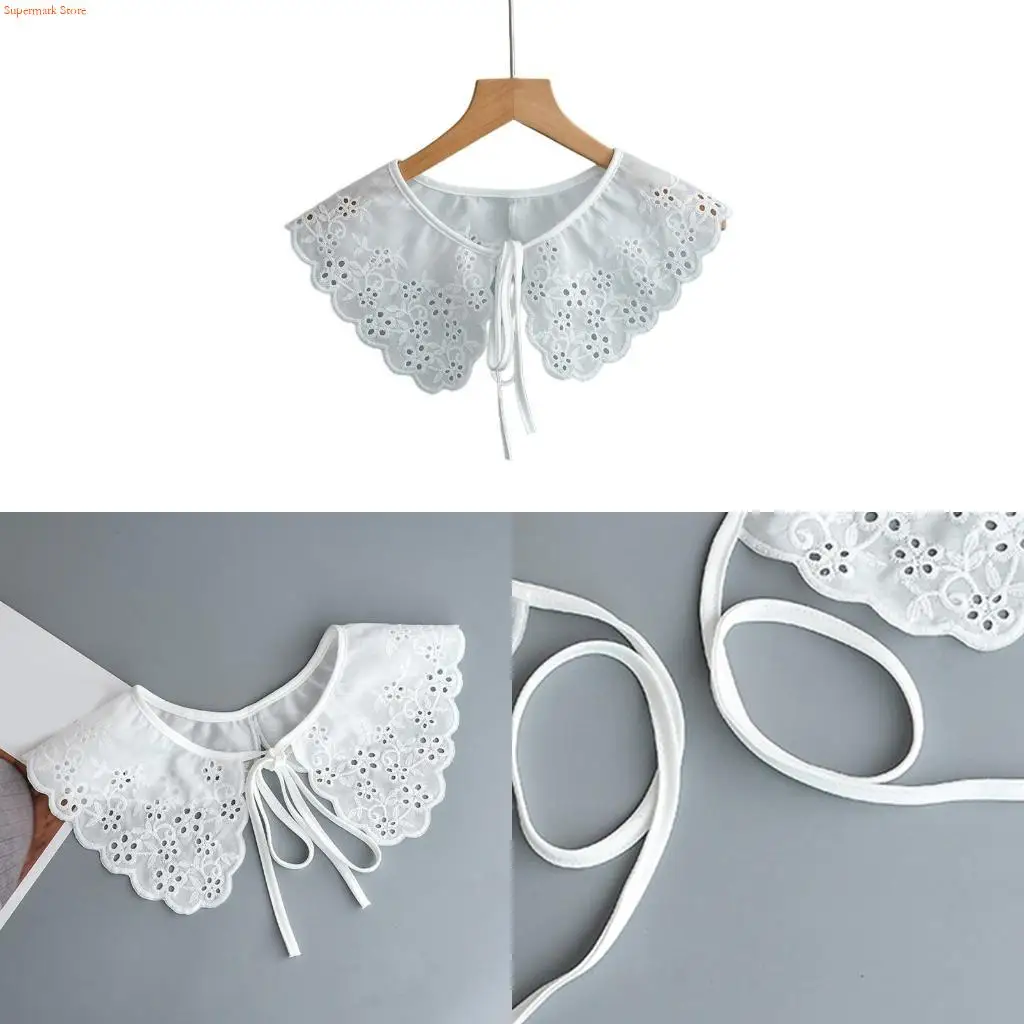 

Q5WE Women Sweet Girls Faux Collar Shawl Embroidery Little Floral Scalloped Mini