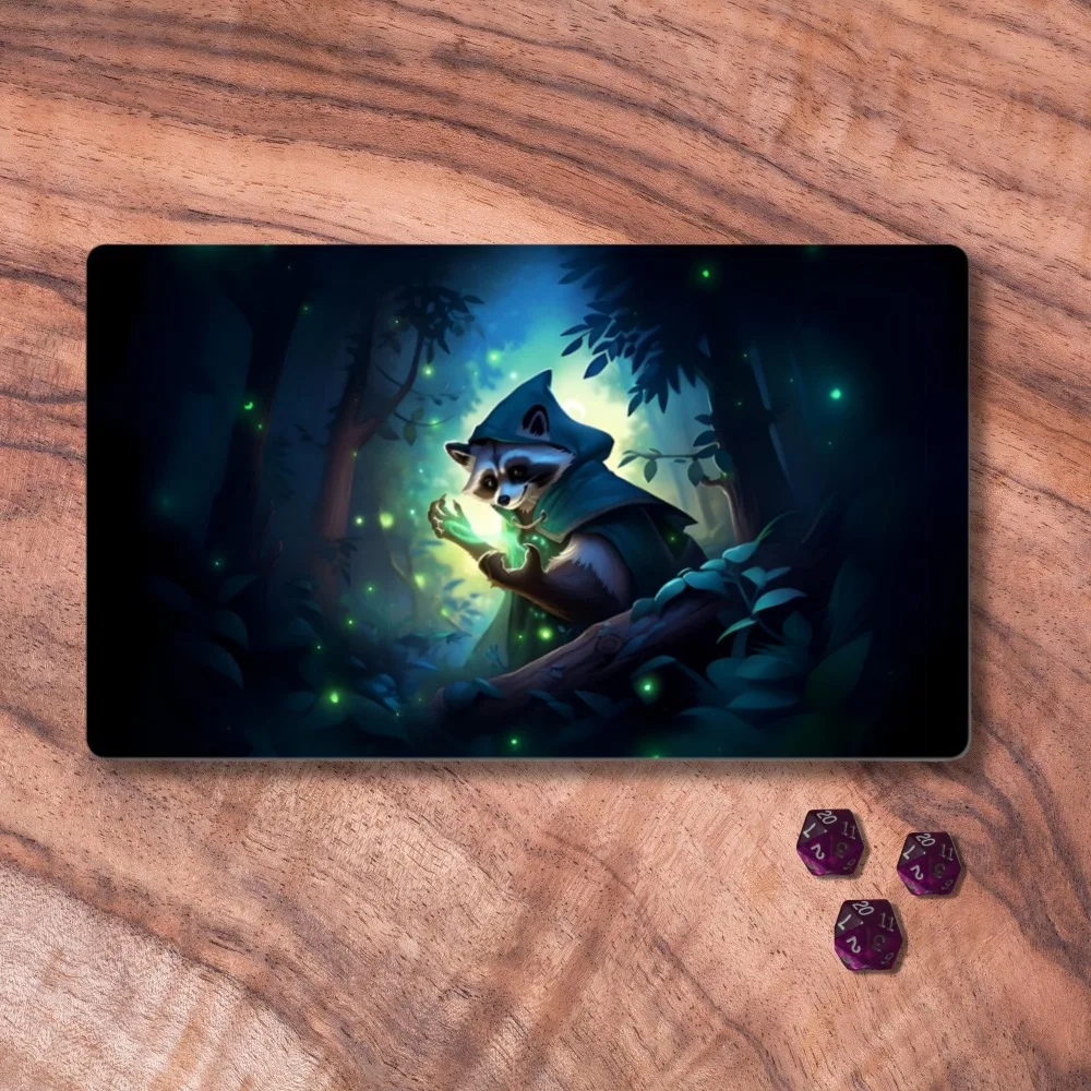 MTG Playmat with Zones or without Zones, Raccoon Wizard Themed CCG Playmat, Woodland Forest Themed TCG Playmat, Gifts for Gamers