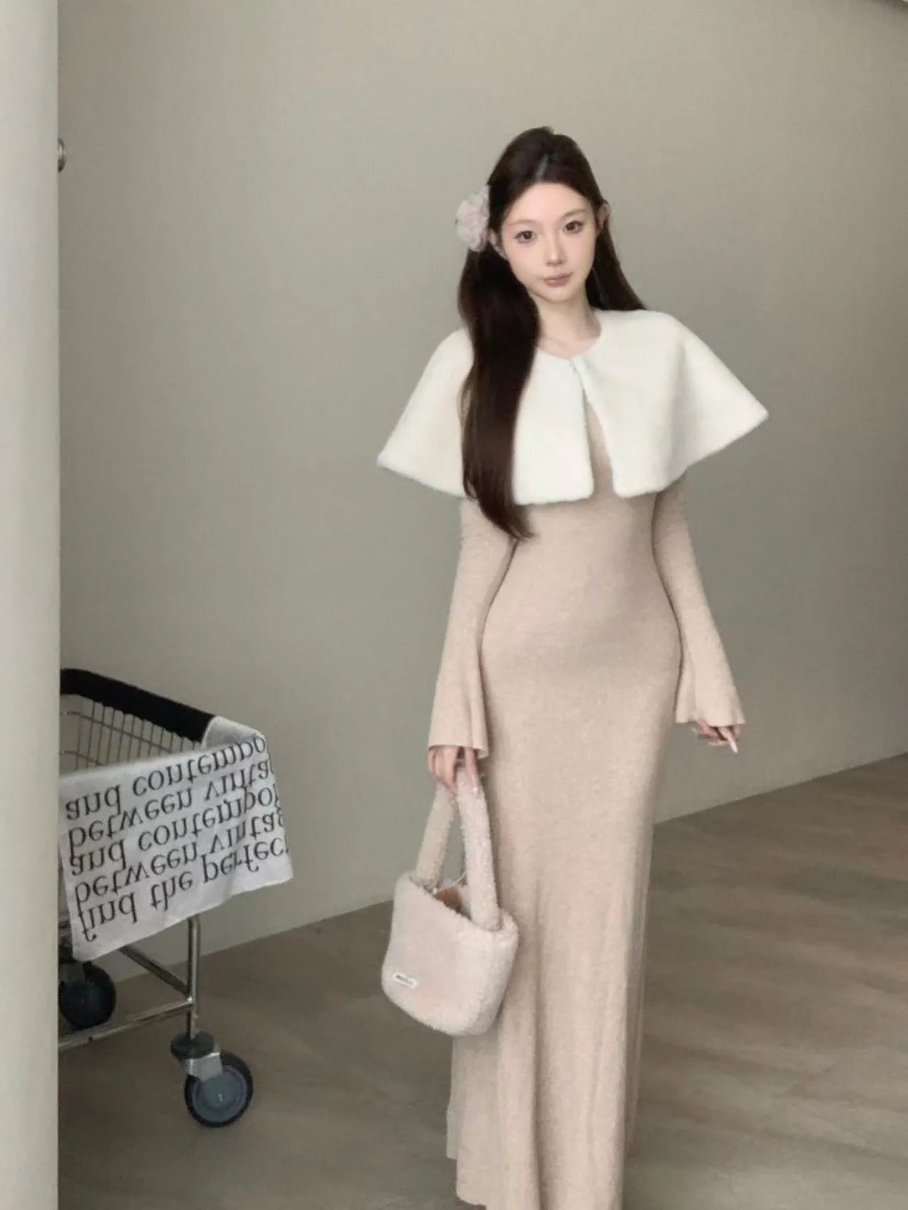 Fur Trimmed Long Dress And Coat Two-Piece Set for Women Casual Style Mid-Waist Elastic Skirt Slim Fit Water Rabbit Fur Jacket