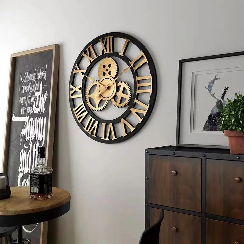 3D Retro Industrial Style Wall Clock, European Roman Numeral Wood wall Watch, Home Decoration, Living Room, Office,Art, Horologe