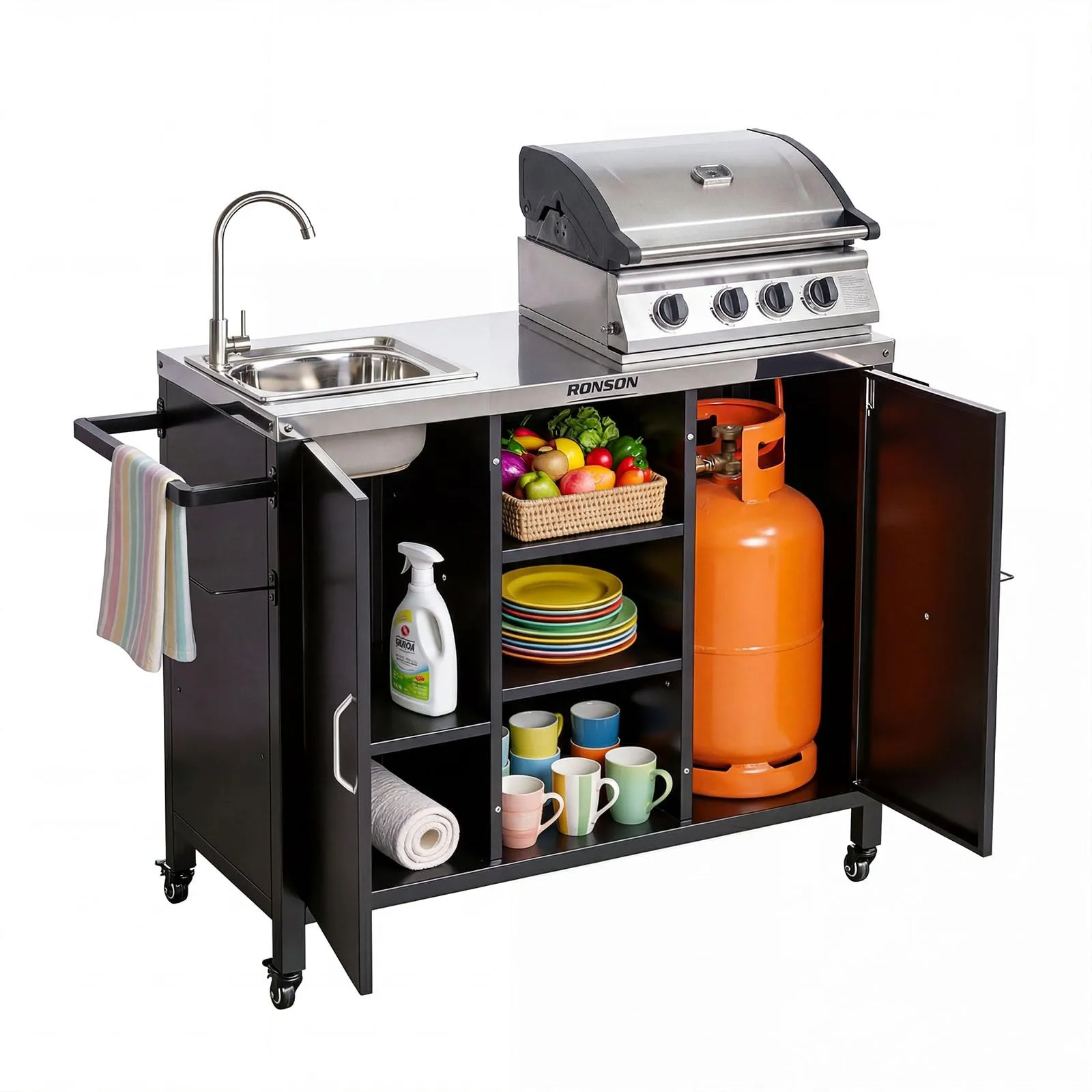 Outdoor Grill Cart with Sink, 304 Stainl Steel Sink, Propane Tank Storage, Rolling Kitchen Prep Table with Cabinet