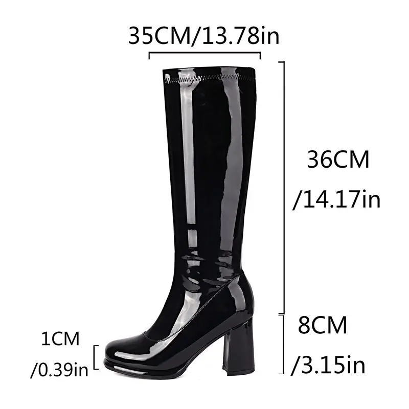 SIMLOVEYO Sexy weibliche Kniestiefel, runde Zehen, klobige Absätze, 8 cm, 47 48 49 Fashion Dating Party, glänzende Stiefeletten