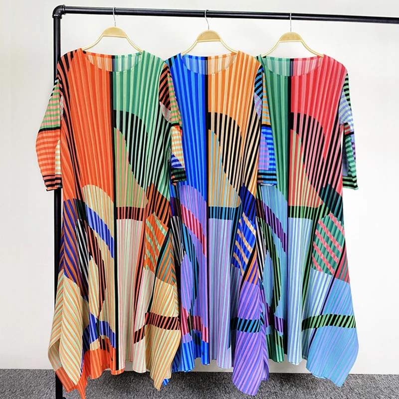 

Женское плиссированное платье ALSEY Miyake, летнее платье в полоску с круглым вырезом и ремнем, элегантная осенняя одежда