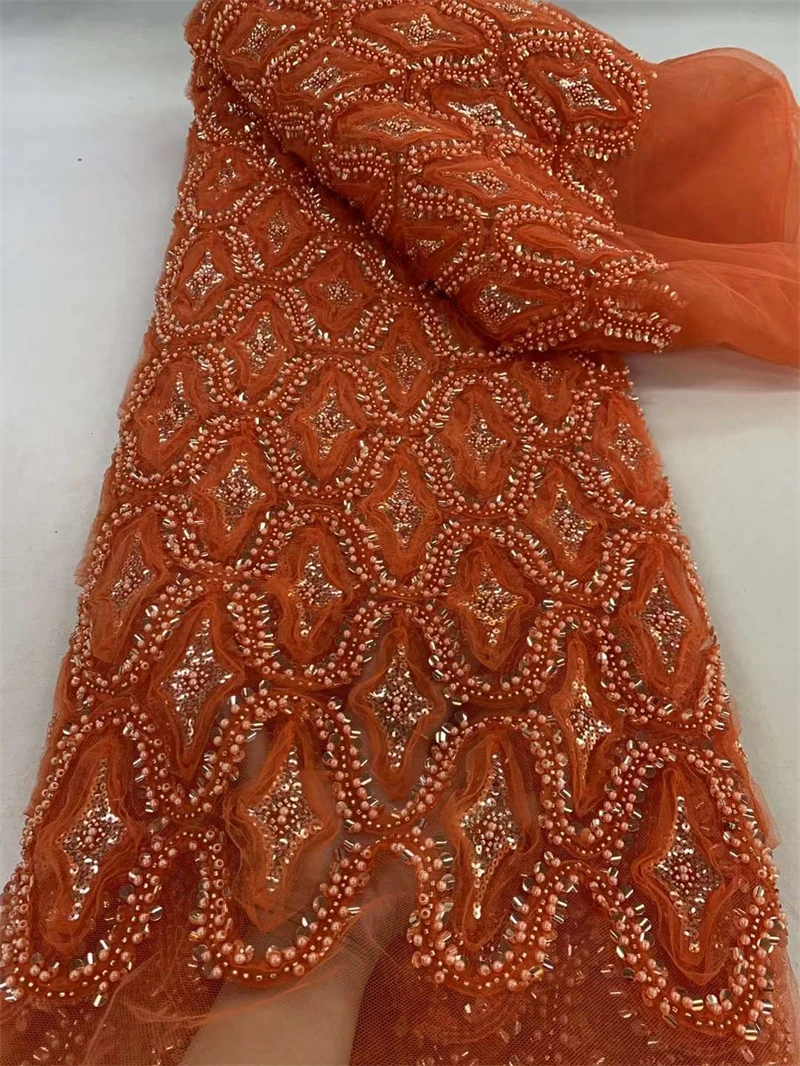 Luxury Lace Fabric Latest Dubai Beaded Tulle Lace Fabric Embroidered African Nigerian Fabric for Sewing