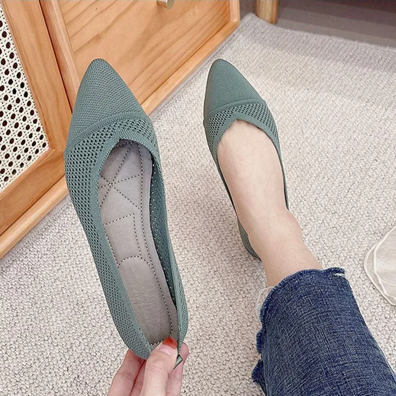 Stretch Knit Ballet Flats Women Loafers Spring Breathable Mesh Flat Shoes Ballerina Moccasins Casual Pointed Toe Boat Shoes