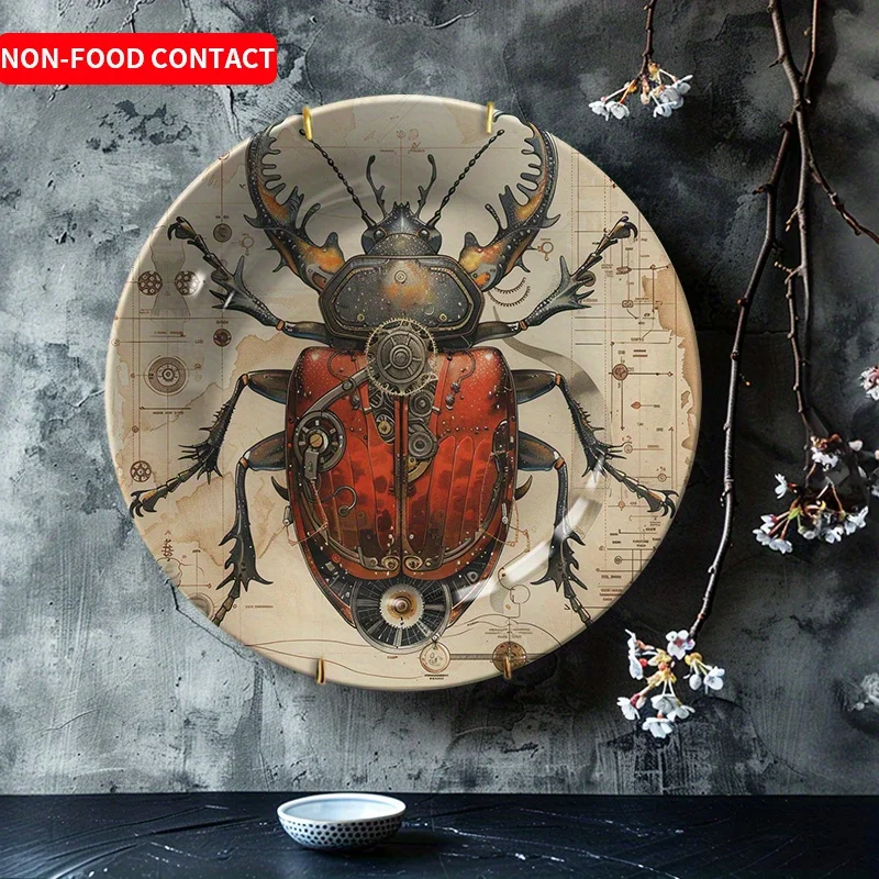 1pc Vintage Industrial Mechanical Insect Ceramic Decorative Plate - Non-Food Contact Art Deco Style Round Tabletop Display for