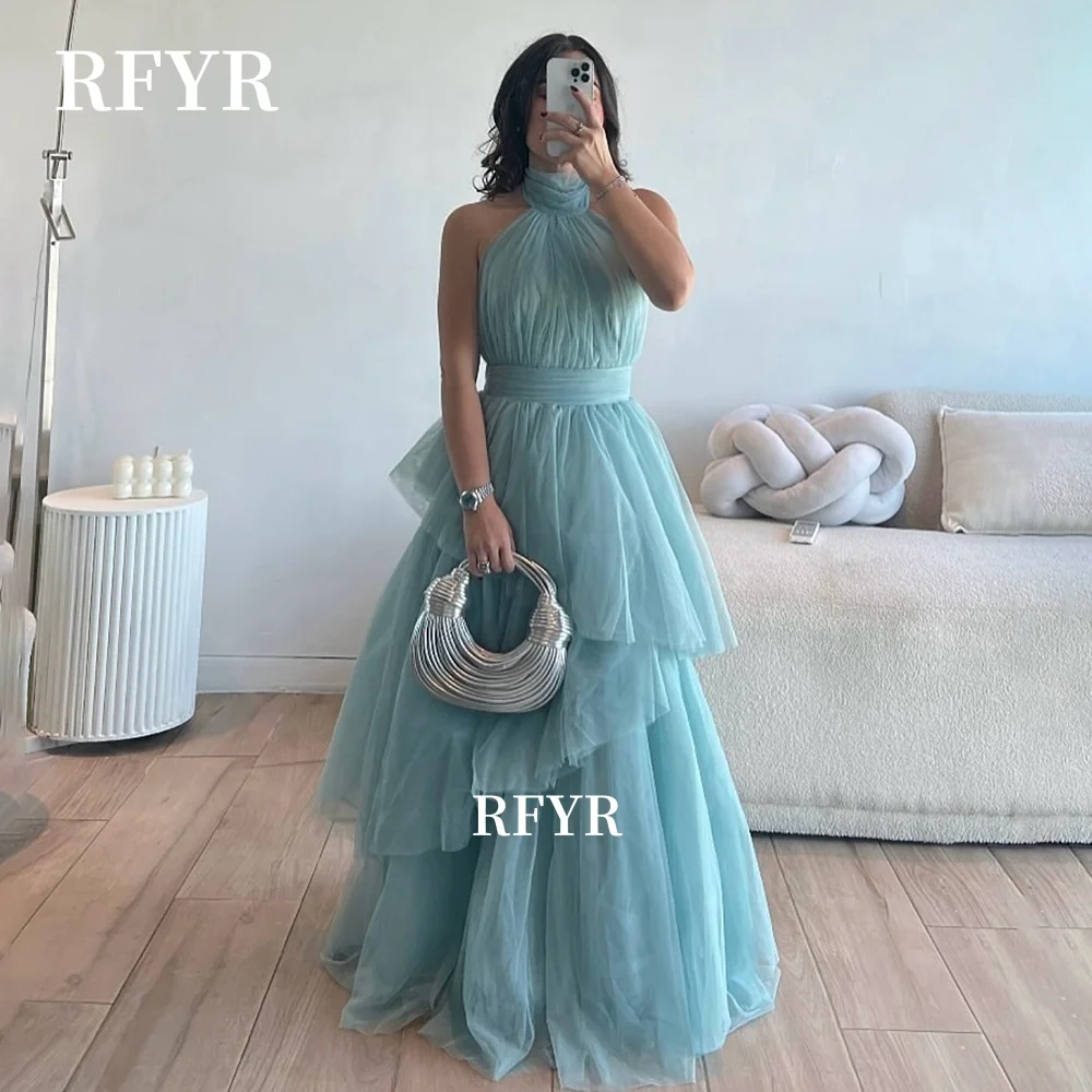 

RFYR Halter Prom Gowns A Line Party Gown Multilayers Formal Occasion Dress Princess Ball Gowns Elegant Gala Gown Customized