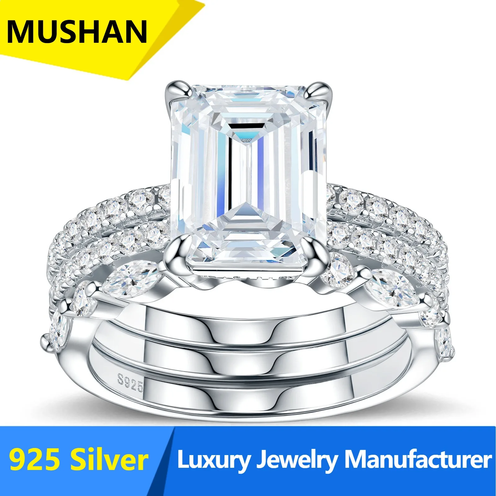 MUSHAN Luxury 925 Sterling Silver Jewelry Wholesale Simple Trend Set Ring Stacking Wearing Ring Grandmother Cut Mozambican Ring