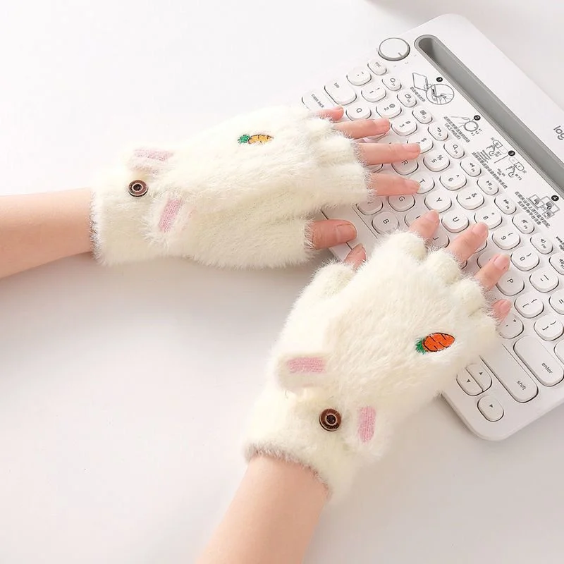 Winter Plush Thicken Warm Mittens Cute Rabbit Fur Fingerless Mitten Flip Gloves  Winter Outdoor Velvet Glove Women Girls Mittens