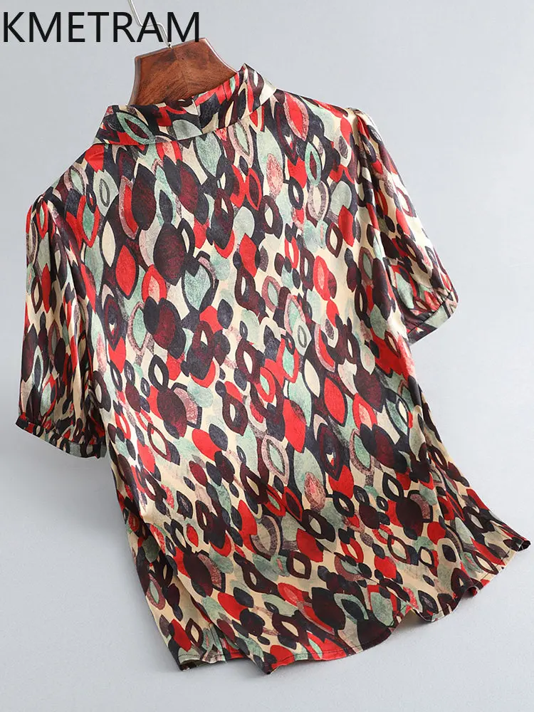 KMETRAM 91.8% Real Mulberry Silk Top Women 2026 Summer Stylish Printed V-neck Short-Sleeved Top Elderly Woman Clothes Ropa Mujer