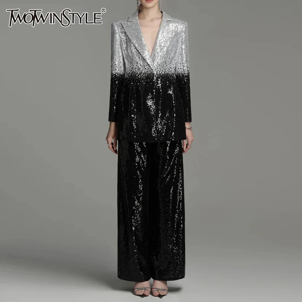 TWOTWINSTYLE ample épissé paillettes deux pièces ensembles pour femmes revers manches longues Blazer taille haute Blace pantalon ensemble de mode femme