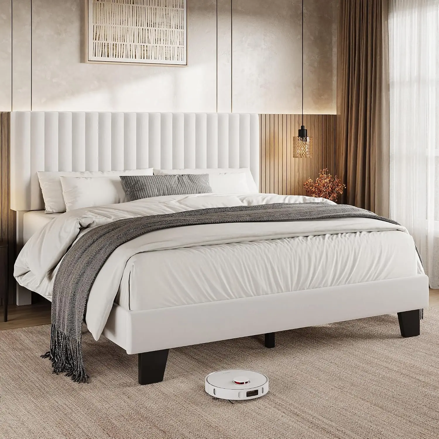 Queen Size Bed Frame with Headboard, Upholstered Velvet Platform Bedframe with Solid Wooden Slats, Noise-Free, No Box Spring