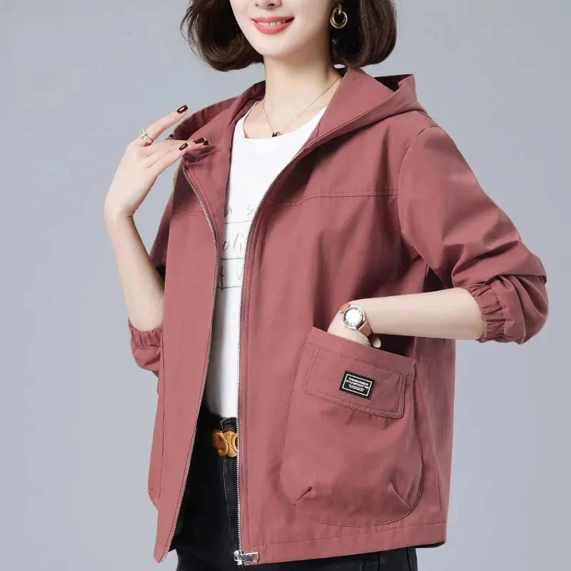 Middle-Aged Mother\'s Hooded Short Jacket Women\'s 2023 Spring Autumn New Loose Outwear S-5XL Women With Big pockets Windbreaker