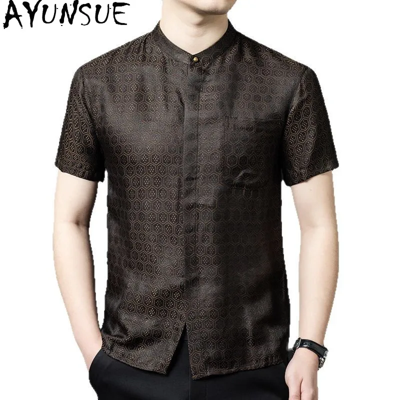 

AYUNSUE 35% Real Mulberry Silk Shirts for Men Summer Top Fashion Short Sleeve Shirt Stand Collar Casual Brown Shirt Streetwear