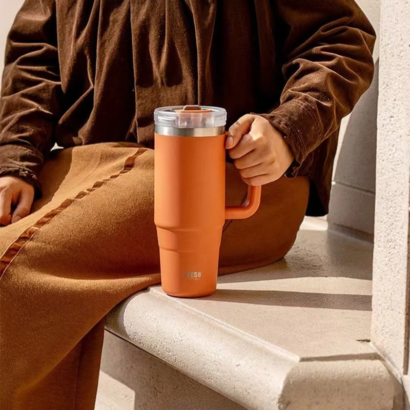 

Tyeso 900/1200ML Tumbler Bottle Stainless Steel Car Mug With Handle Straw Thermal Iced Travel Vacuum Insulated Coffee Hot Cup