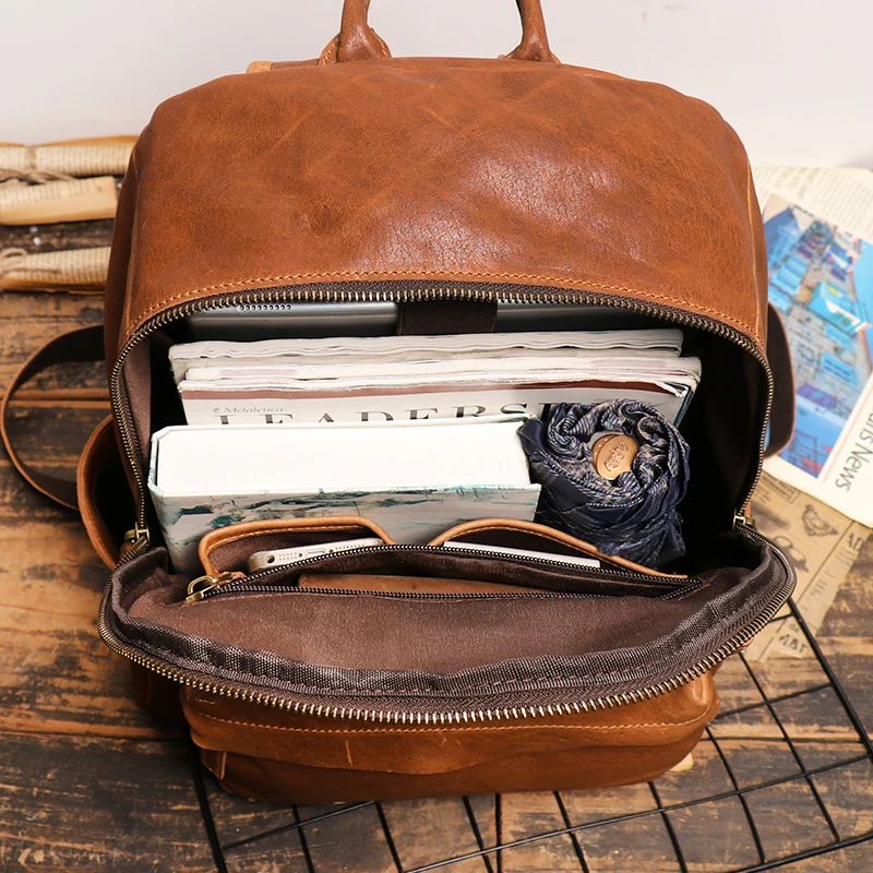 Vintage Men and Ladies Outdoor Travel Backpack School Book Cowhide Backpack Brown Zipper 14 Inch Computer Notebook Bag