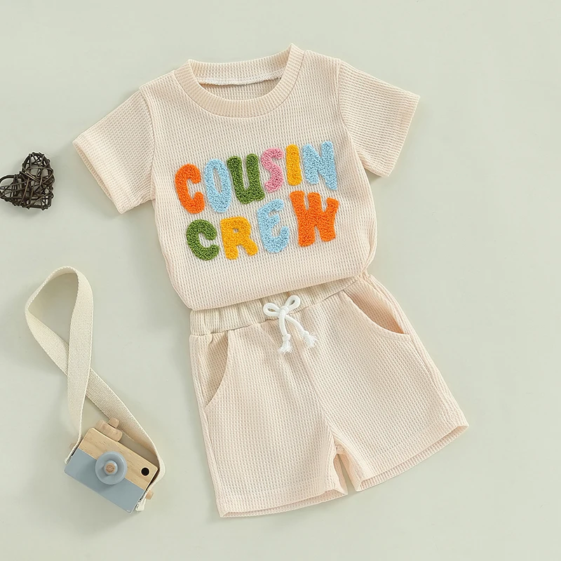 Cousin Crew Shirts for Kids Baby Letter Embroidery Short Sleeve T-Shirts Shorts 2Pcs Clothes Set Waffle Outfit