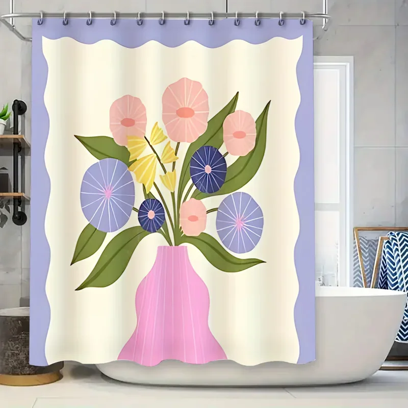 

Charming Floral Shower Curtain for a Cozy Bathroom, Featuring a Vibrant Bouquet of Pink and Blue Flowers in a Pastel Vase
