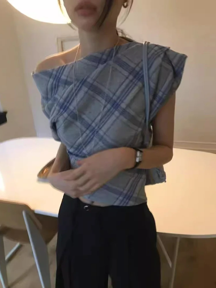 Sommer Neue Retro frauen Plaid irt oulder Exposition Unregelmäßigen Schrägen Kragen Vielseitig Top Koreanische Sle Slim Fit ort Sve