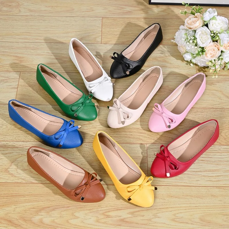 Single Shoe Bow Shallow Mouth Thick Soft Sole Soft Side Comfortable Low Heel Leather Shoes