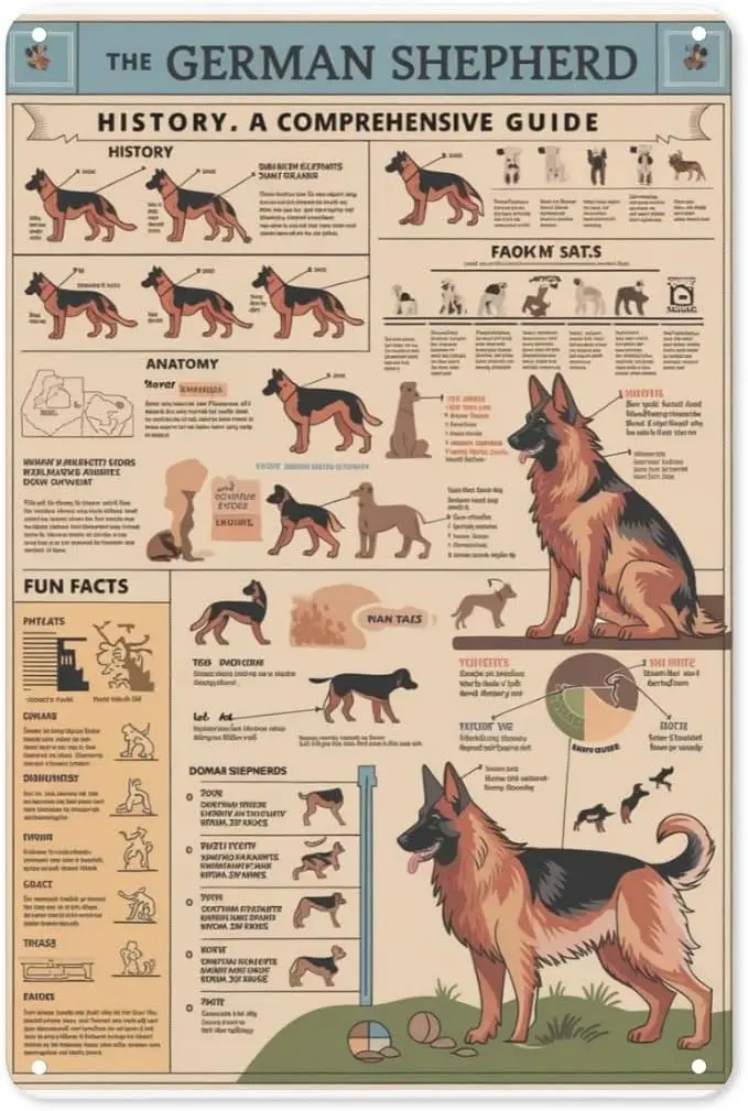 German Shepherd Knowledge Tin Poster 8X12IN Dog Anatomy Metal Sign for Vet Office, Dog Lover Gifts & Animal Classroom D sign
