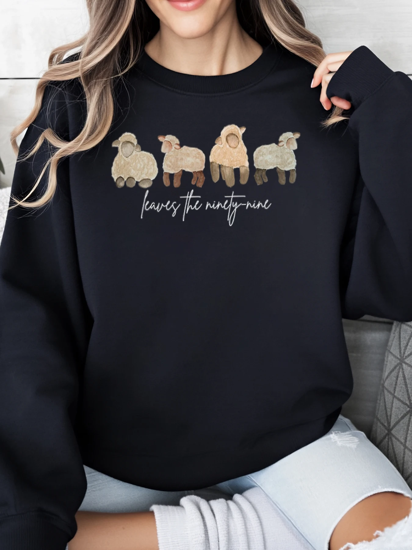 

Рождественский свитшот Sheep Leaves the Ninety Nine, женская повседневная одежда, праздничный подарок, черный, больших размеров