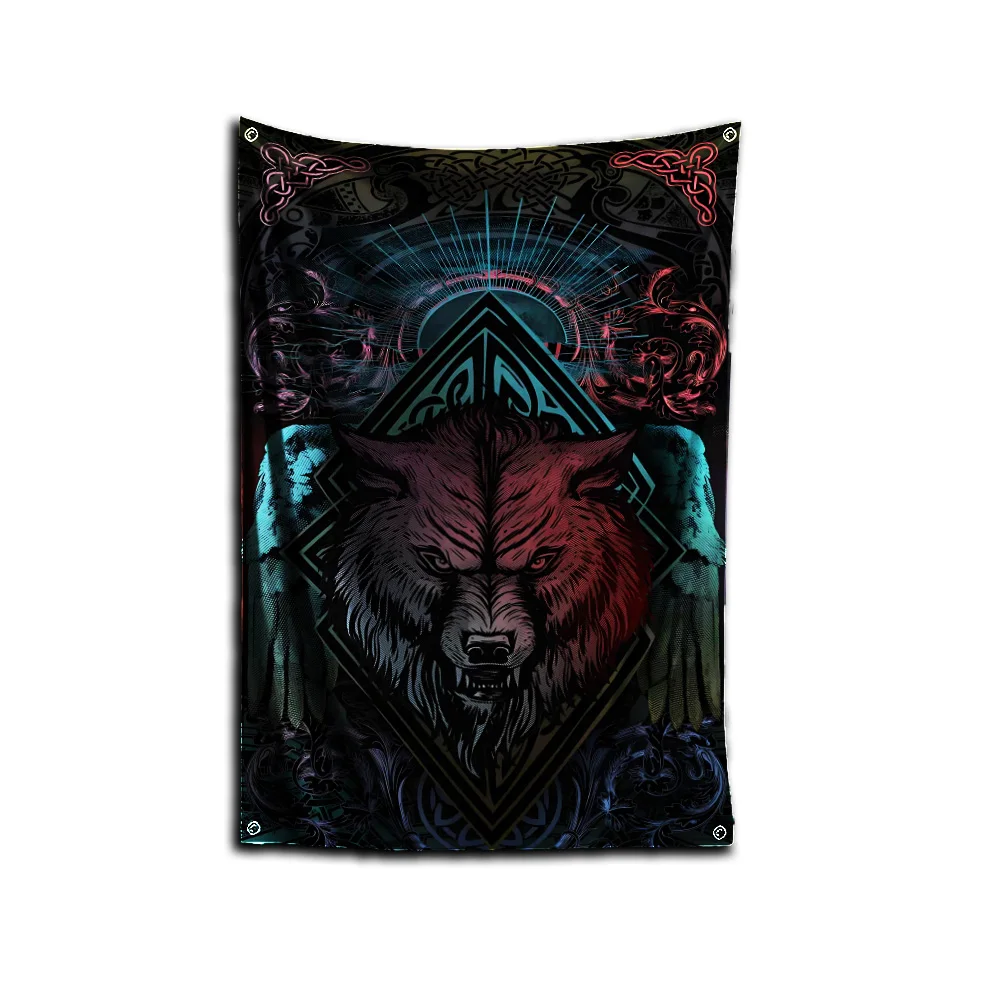 3x5 Ft Viking Nordic Mystical Symbol Wolf Flag Polyester Digital Printing Banner for Garage Wall Out Door Decoration With Brass