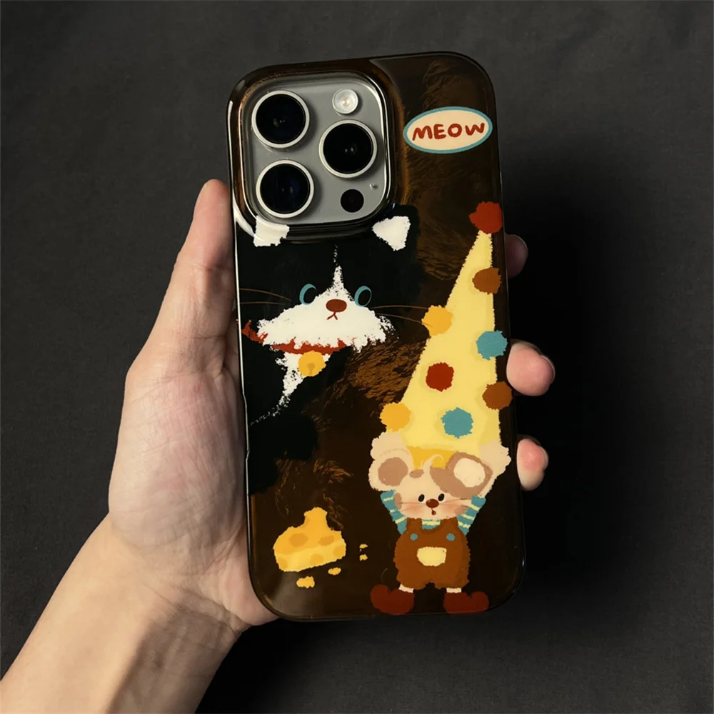 Cute Y2K Cartoon Cat Mouse Dots Phone Case For iPhone 16 15 13 14 Pro Max Lovely High Clown Hat Animal Soft Silicone Back Cover