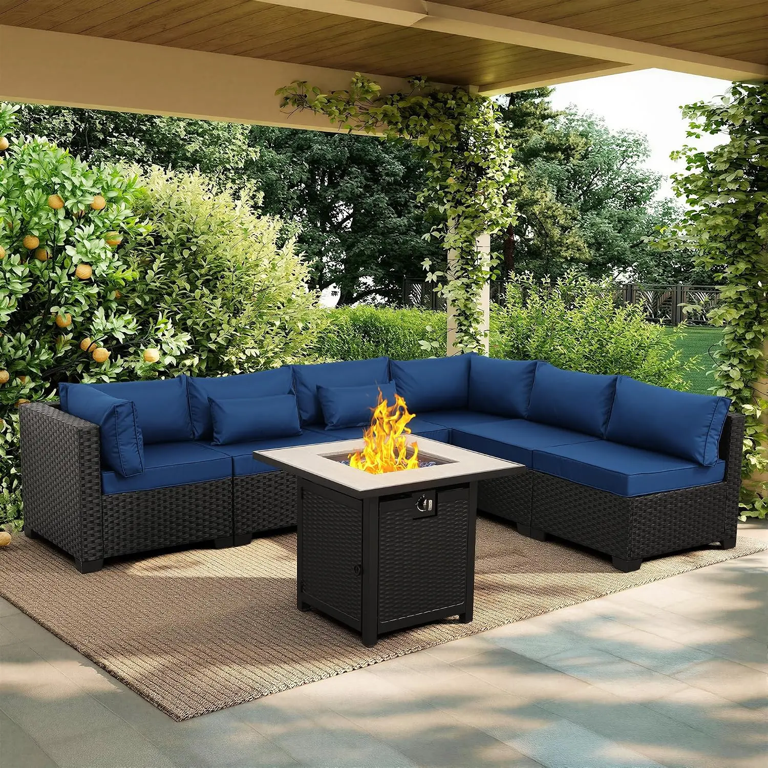 30 Inch 7-Piece Outdoor Sectional Sofa with 50000 BTU Propane Fire Pit Table No-Slip Cushions Waterproof Cover, Customized