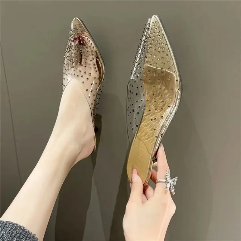 Crystal Small Kitten Heels Clear Sandalias Mujer Sexy Peep Toe pantofole argento/champagne punta a punta Med sandali con tacco alto donna