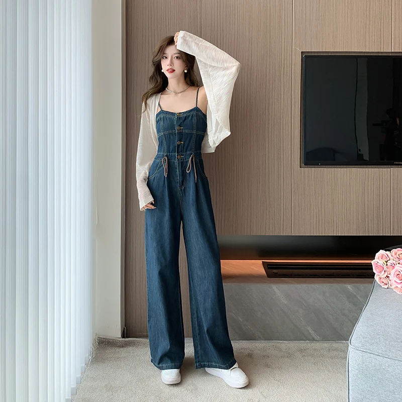 

Summer Thin High Waist Straight Leg Wide Leg Slimming Vintage Strapl Denim Rer Long Pants Commute Sle Cotton Blend